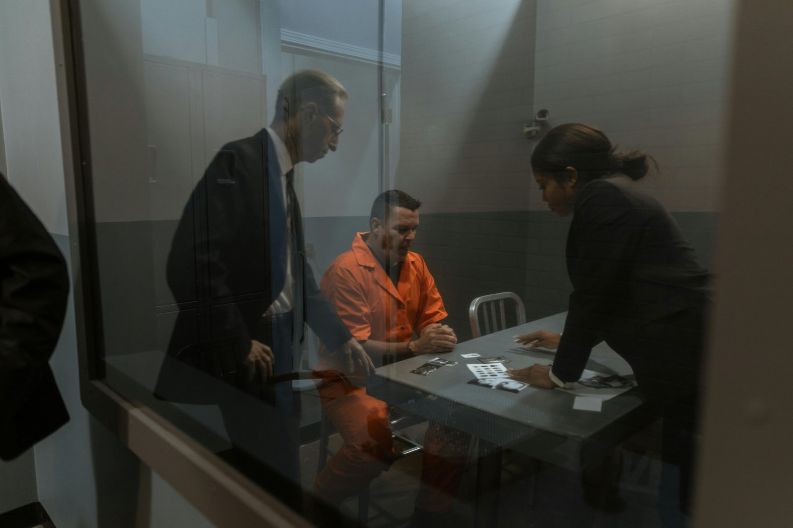 A tense interrogation in progress with a handcuffed inmate and two officers in a prison room.