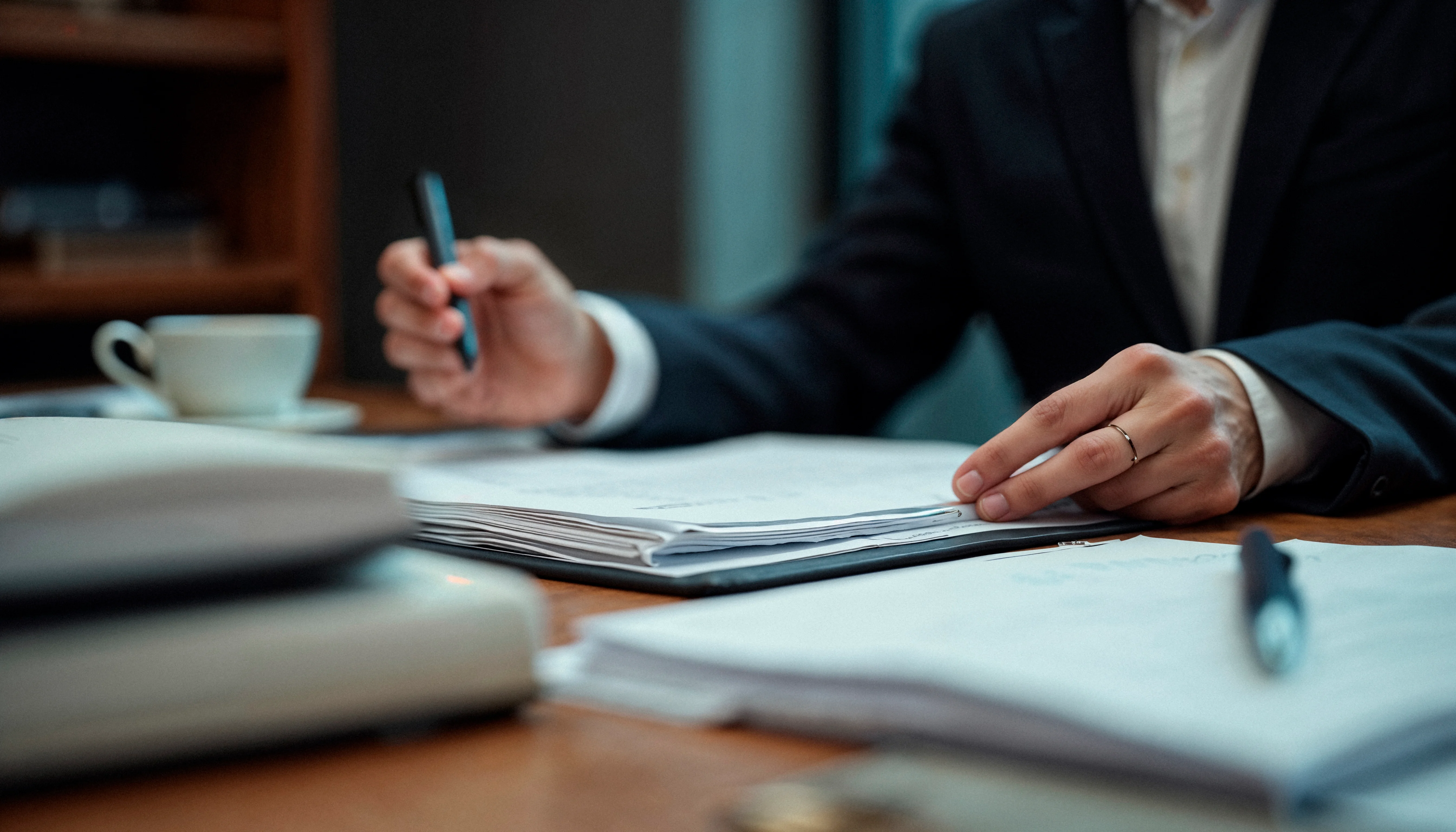 lawyer reviewing documents desk